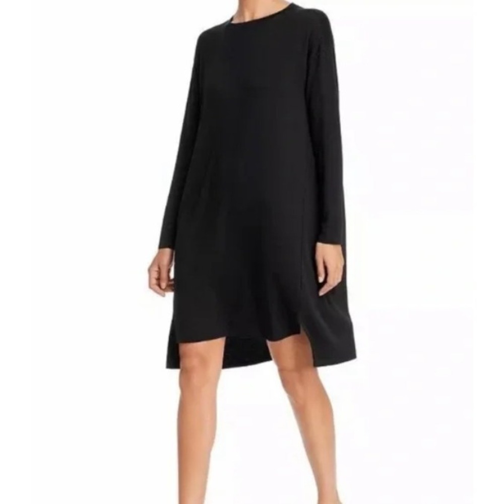 Eileen Fisher Long Sleeve Black Viscose Midi Dress Large Lagenlook Basic Capsule